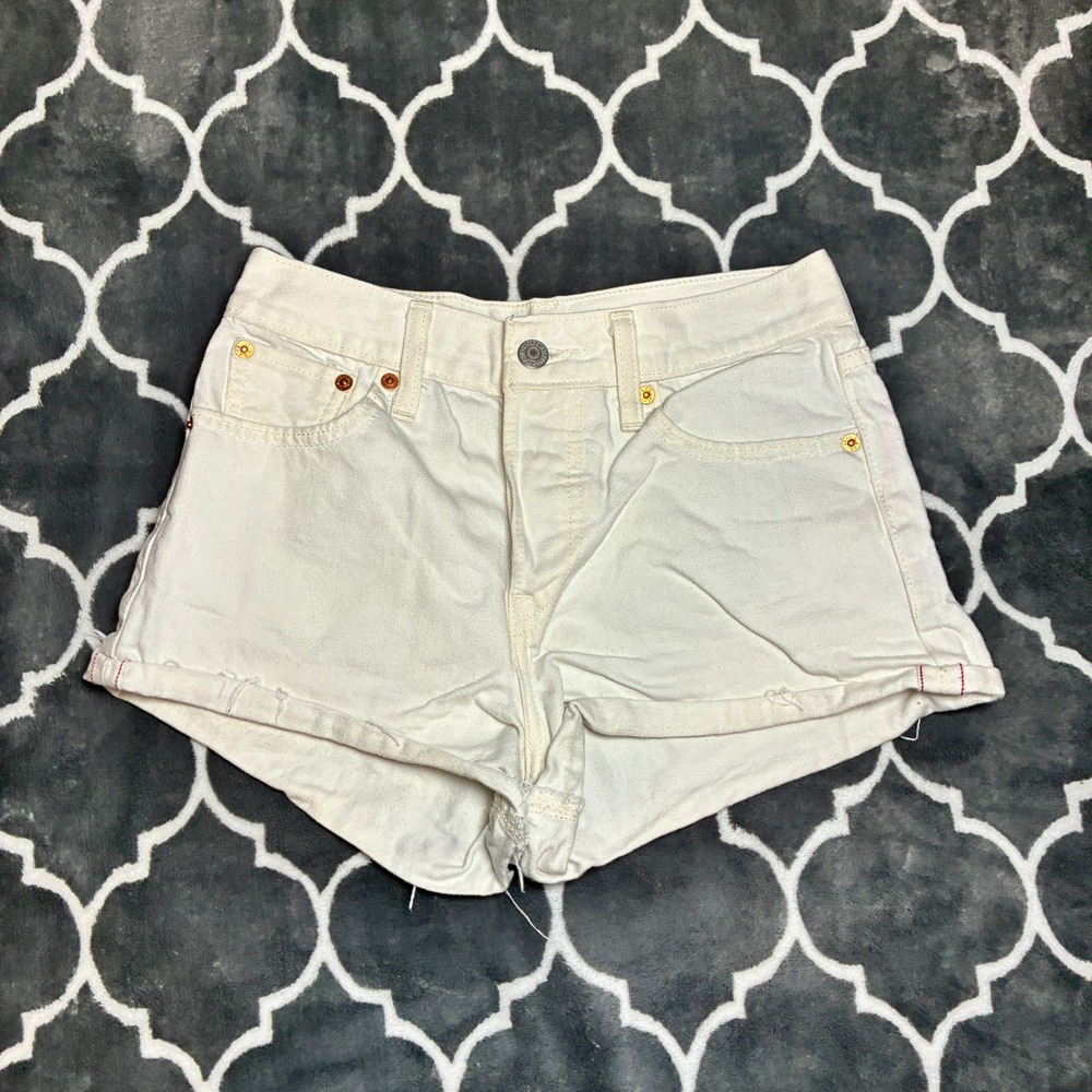 Levis 501 High Rise White Denim Shorts Womens Size 27 Button Fly Cut Off Cutoffs